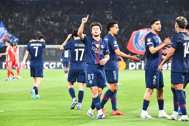 FOOTBALL : Paris Saint Germain vs FC Bayern Munich - Ligue des Champions - demi finale aller - 28 04 2026 Joie des joueurs du Paris SG aprÃ s le but de Joao Neves (Paris SG) ParisFrance  Copyright: xBaptistexAutissierx