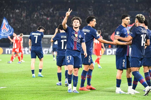 FOOTBALL : Paris Saint Germain vs FC Bayern Munich - Ligue des Champions - demi finale aller - 28 04 2026 Joie des joueurs du Paris SG aprÃ s le but de Joao Neves (Paris SG) ParisFrance  Copyright: xBaptistexAutissierx