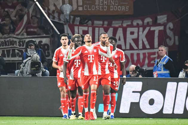 FOOTBALL : Paris Saint Germain vs FC Bayern Munich - Ligue des Champions - demi finale aller - 28 04 2026 Joie des joueurs du Bayern Munich apres le but de Michael Olise (Bayern Munich) ParisFrance  Copyright: xBaptistexAutissierx