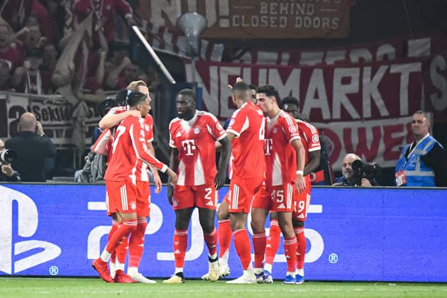 FOOTBALL : Paris Saint Germain vs FC Bayern Munich - Ligue des Champions - demi finale aller - 28 04 2026 Joie des joueurs du Bayern Munich apres le but de Michael Olise (Bayern Munich) ParisFrance  Copyright: xBaptistexAutissierx