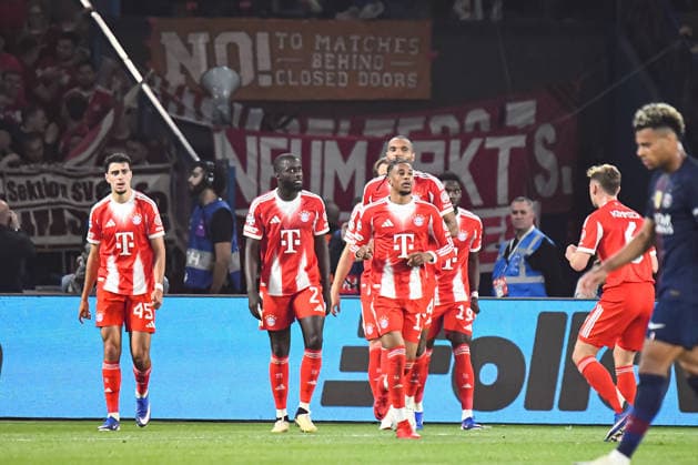 FOOTBALL : Paris Saint Germain vs FC Bayern Munich - Ligue des Champions - demi finale aller - 28 04 2026 Joie des joueurs du Bayern Munich apres le but de Michael Olise (Bayern Munich) ParisFrance  Copyright: xBaptistexAutissierx
