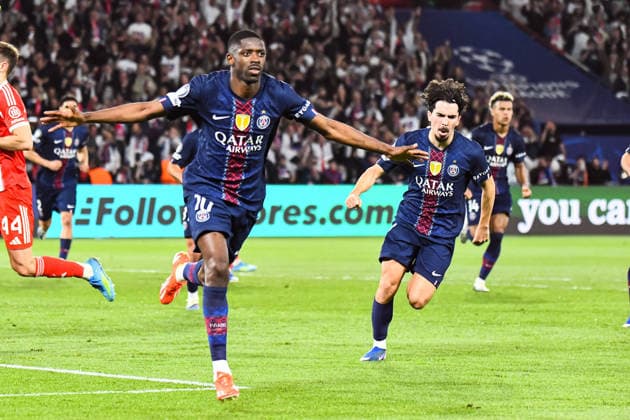 FOOTBALL : Paris Saint Germain vs FC Bayern Munich - Ligue des Champions - demi finale aller - 28 04 2026 Joie des joueurs du Paris SG aprÃ s le but de Ousmane Dembele (Paris SG) ParisFrance  Copyright: xBaptistexAutissierx