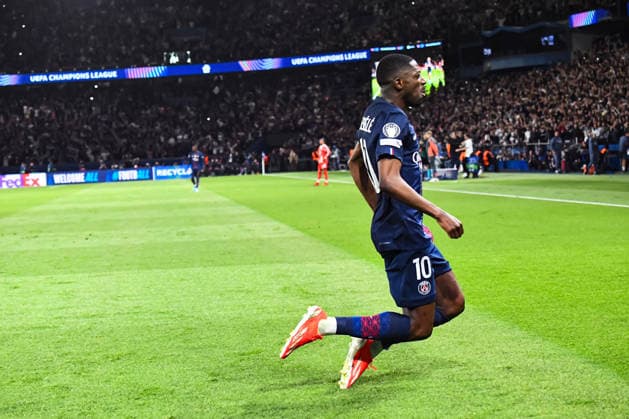 FOOTBALL : Paris Saint Germain vs FC Bayern Munich - Ligue des Champions - demi finale aller - 28 04 2026 Joie des joueurs du Paris SG aprÃ s le but de Ousmane Dembele (Paris SG) ParisFrance  Copyright: xBaptistexAutissierx