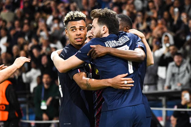 FOOTBALL : Paris Saint Germain vs FC Bayern Munich - Ligue des Champions - demi finale aller - 28 04 2026 Joie des joueurs du Paris SG aprÃ s le but de Ousmane Dembele (Paris SG) ParisFrance  Copyright: xBaptistexAutissierx