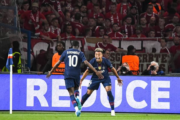 FOOTBALL : Paris Saint Germain vs FC Bayern Munich - Ligue des Champions - demi finale aller - 28 04 2026 Joie des joueurs du Paris SG aprÃ s le 2e but de Ousmane Dembele (Paris SG) ParisFrance  Copyright: xBaptistexAutissierx