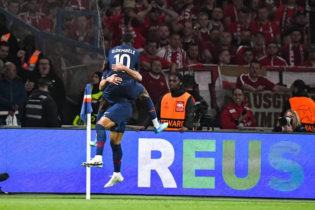 FOOTBALL : Paris Saint Germain vs FC Bayern Munich - Ligue des Champions - demi finale aller - 28 04 2026 Joie des joueurs du Paris SG aprÃ s le 2e but de Ousmane Dembele (Paris SG) ParisFrance  Copyright: xBaptistexAutissierx