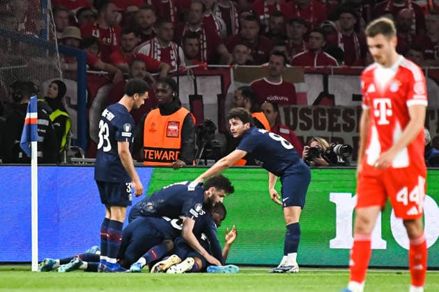 FOOTBALL : Paris Saint Germain vs FC Bayern Munich - Ligue des Champions - demi finale aller - 28 04 2026 Joie des joueurs du Paris SG aprÃ s le 2e but de Ousmane Dembele (Paris SG) ParisFrance  Copyright: xBaptistexAutissierx