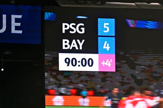 28 04 2026, Football UEFA Champions League 2025 2026 semi-final first leg, Paris St Germain FC Bayern Munich, at the Parc de Princes stadium in Paris France After 90 minutes the score is 5 4 DFL and DFB regulations prohibit any use of photographs as image sequences and or quasi video