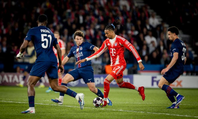 Paris, France 28th Apr 2026 Michael Olise FCB scores the goal to 2 2 Joao Neves Paris Paris Saint Germain FC Bayern München 28 04 2026