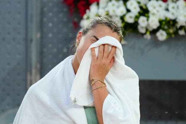 Mutua Madrid Open - Day Nine MADRID, SPAIN - APRIL 28: Aryna Sabalenka reacts against Hailey Baptiste of the United States during the Women s Singles quarter-final match on Day Nine of the Mutua Madrid Open at La Caja Magica on April 28, 2026 in Madrid, Spain. Madrid Spain  Copyright: xJosexBretonx originalFilename:bretonhernandez-mutuamad260428_npv3A.jpg