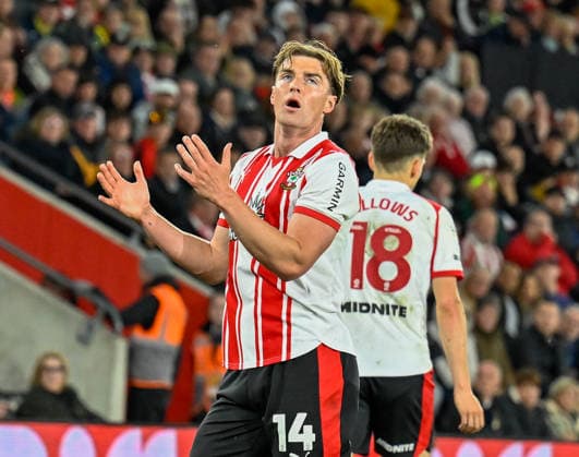 Southampton v Ipswich Town Sky Bet Championship James Bree of Southampton reacts during the Southampton v Ipswich Sky Bet Championship match at the St Mary s Stadium, Southampton 28 04 2026 UK Newspapers OUT Copyright: xPaulxBlakex FIL-23359-0062