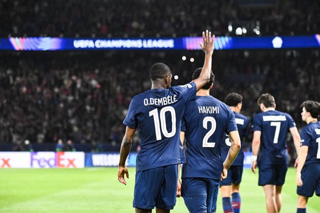 FOOTBALL : Paris Saint Germain vs FC Bayern Munich - Ligue des Champions - demi finale aller - 28 04 2026 Joie des joueurs du Paris SG aprÃ s le but de Ousmane Dembele (Paris SG) ParisFrance  Copyright: xBaptistexAutissierx