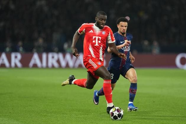 Dayot Upamecano of Bayern Munich takes on Warren Zaire Emery of PSG Paris Saint-Germain v Bayern Munich, UEFA Champions League, Semi Final, First Leg, Football, Parc des Princes, Paris, France - 28 Apr 2026Paris Parc des Princes France EDITORIAL USE ONLY No use with unauthorised audio, video, data, fixture lists, club league logos or live services. Online in-match use limited to 120 images, no video emulation. No use in betting, games or single club league player publications.  Copyright: xDavexWinter Shutterstockx 16847969lq