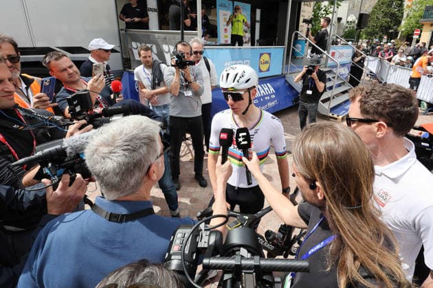 29 04 2026 Martigny , SWITZERLAND, Tour de Romandie 2026 1 stage Martigny Martigny Tadej Pogacar SLO Team UAE Emirates at the start in Martigny surrounded by journalists