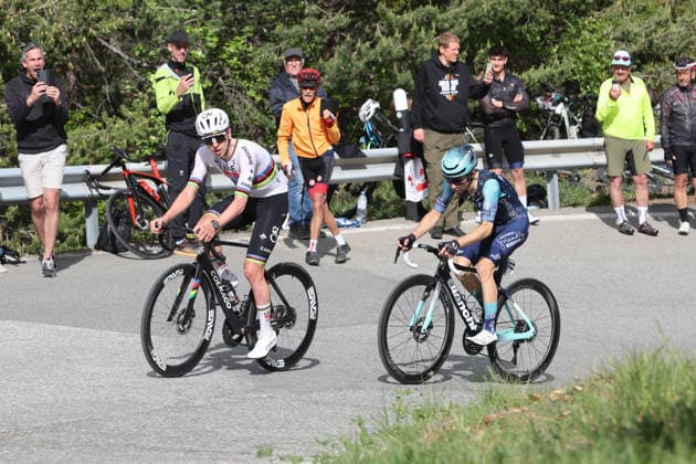 29 04 2026 Martigny , SWITZERLAND, Tour de Romandie 2026 1 stage Martigny Martigny Tadej Pogacar SLO and Lenny Martinez FRA on the climb towards Chamoson