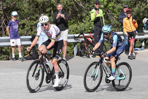 29 04 2026 Martigny , SWITZERLAND, Tour de Romandie 2026 1 stage Martigny Martigny Tadej Pogacar SLO and Lenny Martinez FRA on the climb towards Chamoson