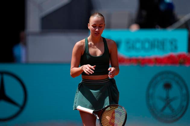 April 29, 2026, Madrid, Madrid, Spain: Anastasia Potapova of Austria reacts after winning against Karolina Pliskova of Czech Republic during the Mutua Madrid Open 2026, ATP, Tennis Herren Masters 1000 and WTA, Tennis Damen 1000, at La Caja Magica on April 29, 2026 in Madrid, Spain. Madrid Spain - ZUMAa181 20260429_zaa_a181_058 Copyright: xOscarxJ.xBarrosox