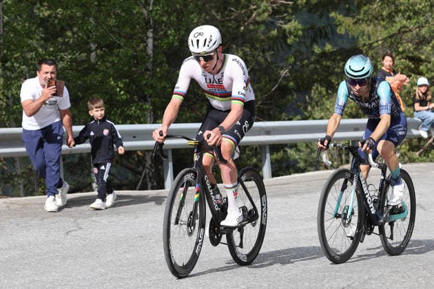 29 04 2026 Martigny , SWITZERLAND, Tour de Romandie 2026 1 stage Martigny Martigny Tadej Pogacar SLO and Lenny Martinez FRA on the climb towards Chamoson