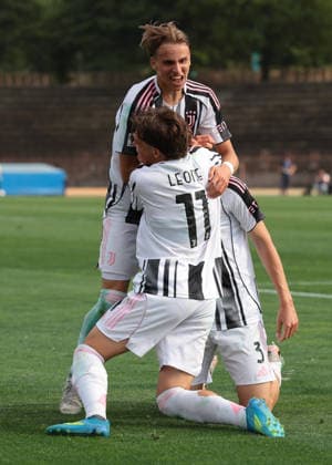 Milan, Italy, 29th April 2026. Niccolo Rizzo of Juventus celebrates with team mates after scoring to give the side a 1-0 lead during the Atalanta U20 vs Juventus U20 Primavera Coppa Italia Primavera Final at Arena Civica Gianni Brera, Milan. Picture credit should read: Jonathan Moscrop Sportimage EDITORIAL USE ONLY. No use with unauthorised audio, video, data, fixture lists, club league logos or live services. Online in-match use limited to 120 images, no video emulation. No use in betting, games or single club league player publications. SPI_011_JM_ATALANTA_JUVE_U20_FINAL SPI-4762-0011