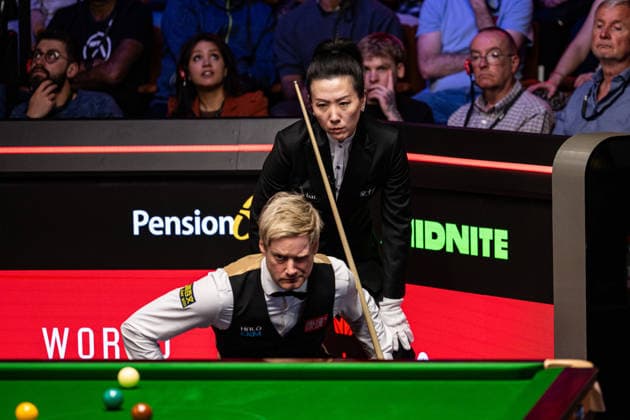 RECORD DATE NOT STATED 29th April 2026; The Crucible Theatre, Sheffield, Yorkshire, England; WST 2026 Halo World Championship, WM, Weltmeisterschaft Snooker, Day Twelve; Referee Peggy Li checks the position of the balls over the head of Neil Robertson GodfreyxPitt