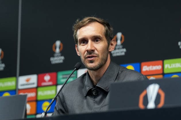Julian Schuster SC Freiburg, coach press conference, press, PK, Portugal, football, UEFA Europa League, semi-final, first leg, 2025 2026, SC Braga vs SC Freiburg, 29 04 2026, Estadio Municipal de Braga, Braga, Braga Estadio Municipal de Braga Cavado Portugal Copyright: xArnexAmbergx