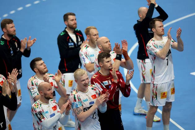 29.0.2026 Szeged(Hungary) OTP ,Bank Pick Szeged-SC Magdeburg 1 4 final EHF champions league men s handball Tim Hornke,Magnus Saugstrup Jensen,sergey Hernandez Ferrer SC Magdeburg celebration :