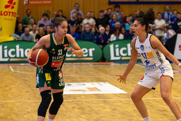 Womens Basketball Bundesliga 1 DBBL, BC Pharmaserv Marburg vs Rutronik Stars Keltern, Sporthalle Georg Gassmann Stadion Marburg 29 04 2026 Womens Basketball Bundesliga DBBL, Marburg, Germany 29 04 2026 Karina Konstantinova Rutronik Stars Keltern, 33 on the ball against Sara Guerreiro BC Marburg, 13 , 1 DBBL, Game of BC Marburg vs Rutronik Stars Keltern, Sporthalle Georg Gassmann Stadion Marburg Copyright: xBEAUTIFULxSPORTS Freudensteinx