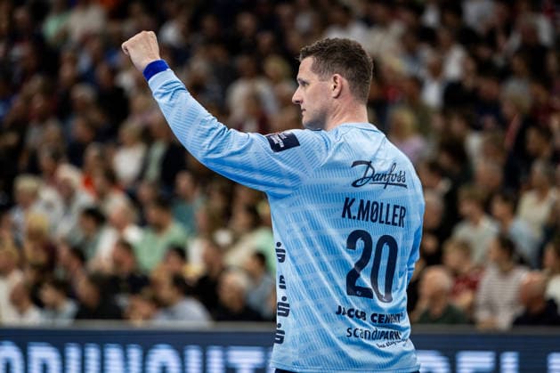 FLENSBURG, GERMANY - APRIL 29: goalie celebration joy after saved ball Kevin Moller (SG Flensburg-Handewitt, 20) during the EHF European League quarter-final match between SG Flensburg-Handewitt vs Recken - TSV Hannover-Burgdorf at GP JOULE Arena, on matchday April 29, 2026 in Flensburg, Germany. Schleswig-Holstein Germany Copyright: xMarioxM.xKobergx