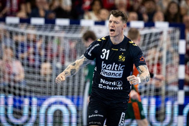 FLENSBURG, GERMANY - APRIL 29: celebration goal celebration Emil Jakobsen (SG Flensburg-Handewitt, 31) during the EHF European League quarter-final match between SG Flensburg-Handewitt vs Recken - TSV Hannover-Burgdorf at GP JOULE Arena, on matchday April 29, 2026 in Flensburg, Germany. Schleswig-Holstein Germany Copyright: xMarioxM.xKobergx