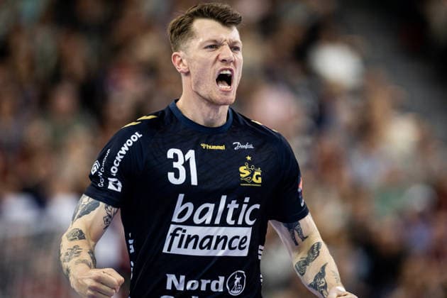 FLENSBURG, GERMANY - APRIL 29: celebration goal celebration Emil Jakobsen (SG Flensburg-Handewitt, 31) during the EHF European League quarter-final match between SG Flensburg-Handewitt vs Recken - TSV Hannover-Burgdorf at GP JOULE Arena, on matchday April 29, 2026 in Flensburg, Germany. Schleswig-Holstein Germany Copyright: xMarioxM.xKobergx