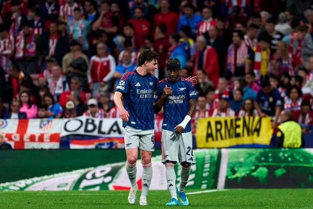 Declan Rice and Noni Madueke of Arsenal FC celebrates the goal during the UEFA Champions League match between Atletico de Madrid and Arsenal FC at Riyadh Air Metropolitano on April 29, 2026. - 29 04 2026 - Spain Madrid Madrid -  LGMx xLexPictorium LePictorium_0332815