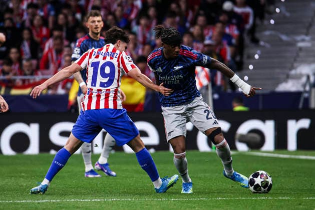 UEFA Champions League semifinals Atletico de Madrid vs Arsenal April 29, Madrid, Madrid, Spain Matteo Ruggeri and Julian Alvarez figth for the ball against Noni Madueke during UEFA Champions League 2025 26 match beetween Atletico de Madrid and Arsenal at Riyadh Air Metropolitano on April 29, 2026, in Madrid, Spain Madrid Spain Madrid Spain Madrid Spain Real Madrid C F v Manchester City UEFA Champions League 2025 Copyright: xAlejandroxMatiasx