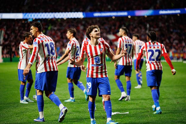 Julian Alvarez seen celebrating after scoring goal during UEFA Champions League semifinal game between teams of Atletico de Madrid and Arsenal FC (Maciej Rogowski Ball Raw Images) Madrid Riyadh Air Metropolitano Spain Copyright: xMaciejxRogowskix maciejrogowski_atletico_arsenal_2526-13