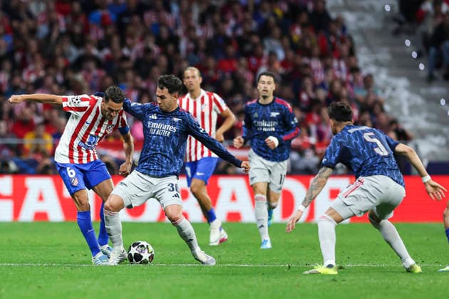 April 29, 2026, Madrid, Madrid, Spain: Jorge Resurreccion Koke of Atletico de Madrid, and Martin Zubimendi and Piero Hincapie of Arsenal FC in action during the UEFA Champions League 2025 26 League Semi Final First Leg match between Atletico de Madrid and Arsenal FC at Riyadh Air Metropolitano on April 29, 2026, in Madrid, Spain. Madrid Spain - ZUMAa181 20260429_zaa_a181_320 Copyright: xIrinaxR.xHipolitox