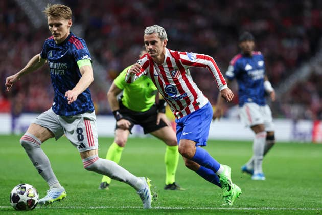April 29, 2026, Madrid, Madrid, Spain: Martin 0degaard of Arsenal FC and Antoine Griezmann of Atletico de Madrid in action during the UEFA Champions League 2025 26 League Semi Final First Leg match between Atletico de Madrid and Arsenal FC at Riyadh Air Metropolitano on April 29, 2026, in Madrid, Spain. Atletico De Madrid V Arsenal FC - UEFA Champions League 2025 26 League Semi Final First Leg  - ZUMAa181 20260429_zaa_a181_370 Copyright: xIrinaxR.xHipolitox