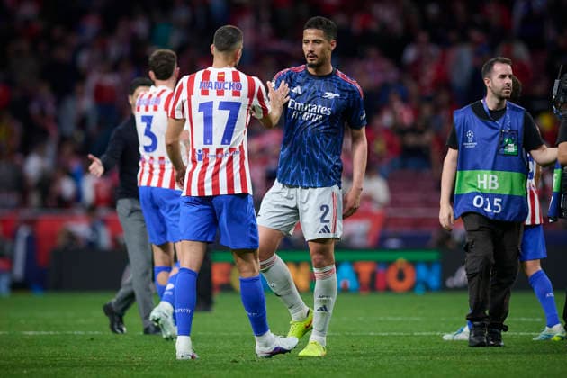 Atletico de Madrid v Arsenal FC - UEFA Champions League 2025 2026 Semi-final, 1st leg Atletico de Madrid s David Hancko (l) and Arsenal FC™s William Saliba during Champions League 2025 2026, semi-final, 1st leg, April 29 ,2026. (ALTERPHOTOS Ropero) MadridSpain  Copyright: xRoperox
