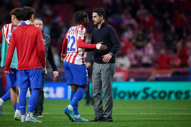 Atletico de Madrid s Ademola Loookman (l) and Arsenal FC™s coach Mikel Arteta during Champions League 2025 2026, semi-final, 1st leg, April 29 ,2026. (20260429078)