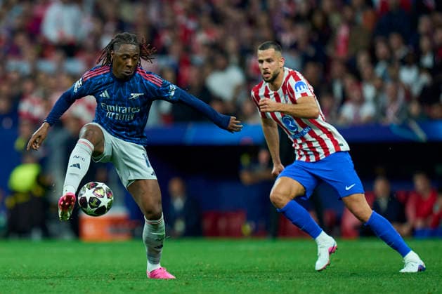 EFA Champions League 2025 26 Semi Final First Leg match between Atletico de Madrid and Arsenal FC EFA Champions League 2025 26 Semi Final First Leg match between Atletico de Madrid and Arsenal FC Eberechi Eze of Arsenal FC and David Hancko of Atletico de Madrid during UEFA Champions League 2025 26 Semi Final First Leg match between Atletico de Madrid and Arsenal FC at Metropolitano Stadium on April 29, 2026 in Madrid, Spain. MADRID SPAIN EDITORIAL USE ONLY Copyright: xx CesarxCebollax xALFAQUIx dpphotos201739 MADRID SPAIN EDITORIAL USE ONLY Copyright: xIMAGO NewscomxWorldx imago images 0855189258 IMAGO xCesarxCebollax xALFAQUIx dpphotos201739