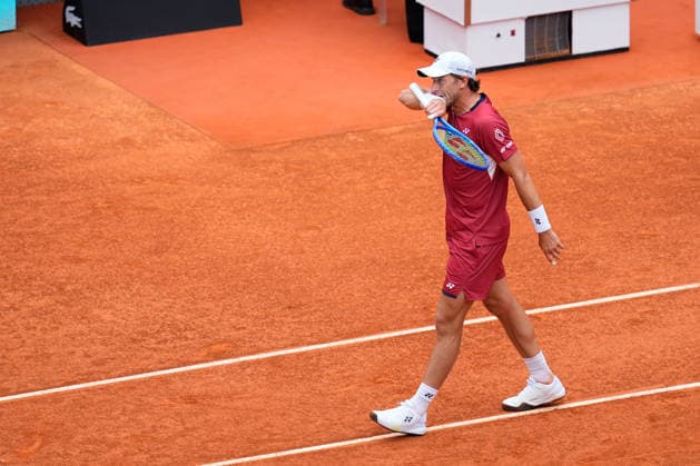 April 30, 2026, Madrid, Madrid, Spain: Casper Ruud of Norway reacts against Alexander Blockx of Belgium during the Mutua Madrid Open 2026 at La Caja Magica on April 30, 2026 in Madrid, Spain. Mutua Madrid Open 2026 - Day 11  - ZUMAa181 20260430_zaa_a181_010 Copyright: xDennisxAgyemanx
