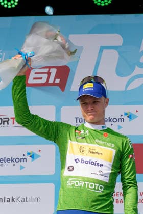 61st Presidential Cycling Tour of Turkiye ANTALYA, TURKIYE - APRIL 30: Belgian cyclist Tom Crabbe of Team Flanders-Baloise celebrates on the podium wearing the white jersey (Beauties of Turkiye) after the Patara-Kemer race of the 61st Presidential Cycling Tour of Turkiye (TUR 2026) on April 30, 2026, in Antalya, Turkiye. Tarakci retained the white jersey during the race, which is part of the International Cycling Union (UCI) Europe Tour calendar and is the only race in Turkiye categorized as a ProSeries event. The file Ekran Resmi 2026-04-30 17.16.08.jpg captures the athlete celebrating his achievement on the podium. Ahmet Serdar Eser Anadolu Antalya Turkey. Editorial use only. Please get in touch for any other usage.  Copyright: x2026xAnadoluxAhmetxSerdarxEserx