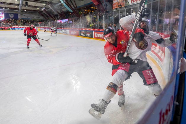 Ice hockey, Eishockey - AUT vs GER, test match ZELL AM SEE,AUSTRIA,30.APR.26 - ICE HOCKEY - OEEHV international test match, men, Austria vs Germany. Image shows Bernd Wolf (AUT) and Daniel Fischbuch (GER).  GEPAxpictures xWolfgangxKofler