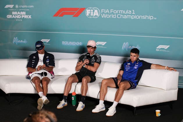 F1 - MIAMI GRAND PRIX 2026 KIMI ANTONELLI Andrea (ita), Mercedes AMG F1 Team W16, portrait SAINZ Carlos (spa), Williams F1 Team FW48, portrait HADJAR Isack (fra), Red Bull Racing Ford RB22, portrait press conference, PK, Pressekonferenz during the Formula 1 Miami Grand Prix 2026, 4th round of the 2026 Formula One World Championship, WM, Weltmeisterschaft from May 1 to 3, 2026 on the Miami International Autodrome, in Miami Gardens, USA - Miami GardensUnited States Copyright: xXavixBonillax