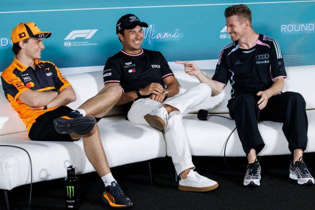 F1 2026 Miami GP arrivals and press conference, PK, Pressekonferenz (L-R) McLaren driver Oscar Piastri of Australia, Cadillac driver Sergio Perez of Mexico and Audi driver Nico Hulkenberg of Germany attend a press conference for the Formula 1 Miami Grand Prix, in Miami Gardens, Florida, USA, 30 April 2026. The 2026 Formula 1 Miami Grand Prix is held on 03 May at the Miami International Autodrome. MIAMI FLORIDA United States  Copyright: xCRISTOBALxHERRERA-ULASHKEVICHx
