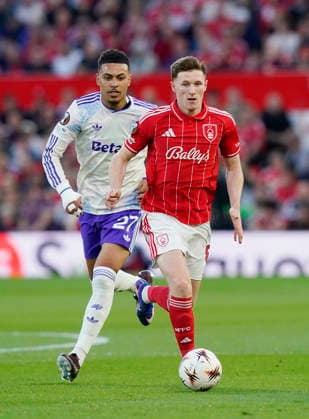 Nottingham, England, 30th April 2026. Morgan Rogers of Aston Villa (l) is left by Elliot Anderson of Nottingham Forest (r) during the Nottingham Forest vs Aston Villa UEFA Europa League Semi Final 1st leg match at the City Ground, Nottingham. Picture credit should read: Andrew Yates Sportimage EDITORIAL USE ONLY. No use with unauthorised audio, video, data, fixture lists, club league logos or live services. Online in-match use limited to 120 images, no video emulation. No use in betting, games or single club league player publications. SPI_039_AY_Forest_Villa SPI-4767-0039
