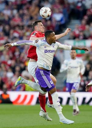 Nottingham, England, 30th April 2026. Chris Wood of Nottingham Forest (l) challenges Ezri Konsa of Aston Villa (r) during the Nottingham Forest vs Aston Villa UEFA Europa League Semi Final 1st leg match at the City Ground, Nottingham. Picture credit should read: Andrew Yates Sportimage EDITORIAL USE ONLY. No use with unauthorised audio, video, data, fixture lists, club league logos or live services. Online in-match use limited to 120 images, no video emulation. No use in betting, games or single club league player publications. SPI_040_AY_Forest_Villa SPI-4767-0040