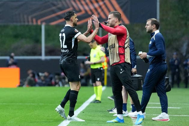 Vincenzo Grifo SC Freiburg, 32 and Lucas Höler Lucas Hoeler SC Freiburg, 09 Goal celebration, emotions, goal shot, finish, goal success, goal, goal , Portugal, football, UEFA Europa League, semi-final, first leg, 2025 2026, SC Braga vs SC Freiburg, 30 04 2026, Estadio Municipal de Braga, Braga, Braga Estadio Municipal de Braga Cavado Portugal Copyright: xArnexAmbergx