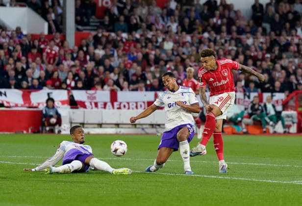 Nottingham, England, 30th April 2026. Igor Jesus of Nottingham Forest (r) takes a shot during the Nottingham Forest vs Aston Villa UEFA Europa League Semi Final 1st leg match at the City Ground, Nottingham. Picture credit should read: Andrew Yates Sportimage EDITORIAL USE ONLY. No use with unauthorised audio, video, data, fixture lists, club league logos or live services. Online in-match use limited to 120 images, no video emulation. No use in betting, games or single club league player publications. SPI_041_AY_Forest_Villa SPI-4767-0041
