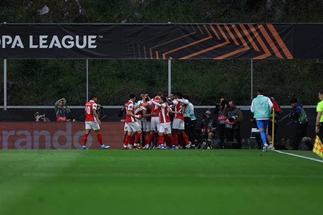 April 30, 2026, Braga, Braga, Portugal: BRAGA, PORTUGAL - APRIL 30: Demir Ege TÄÂ±knaz of SC Braga celebrates goal during UEFA Europa League 2025 26 Semi-Final First Leg match between SC Braga and Club Freiburg at Estadio Municipal de Braga on April 30, 2026 in Braga, Portugal. Braga Portugal - ZUMAe141 20260430_zsp_e141_012 Copyright: xLuisxEirasx