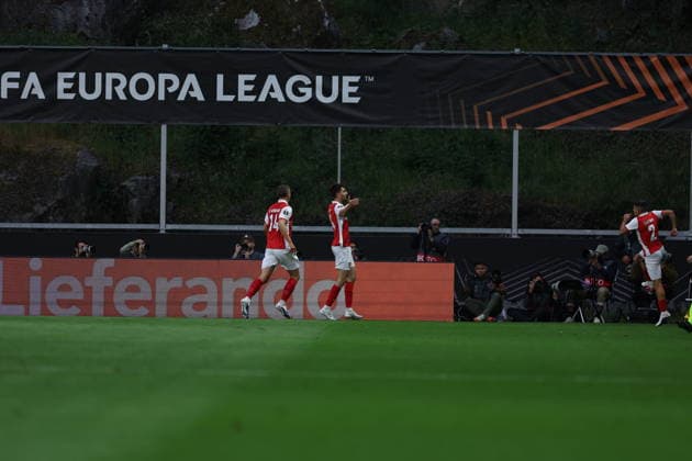 April 30, 2026, Braga, Braga, Portugal: BRAGA, PORTUGAL - APRIL 30: Demir Ege TÄÂ±knaz of SC Braga celebrates goal during UEFA Europa League 2025 26 Semi-Final First Leg match between SC Braga and Club Freiburg at Estadio Municipal de Braga on April 30, 2026 in Braga, Portugal. Braga Portugal - ZUMAe141 20260430_zsp_e141_010 Copyright: xLuisxEirasx