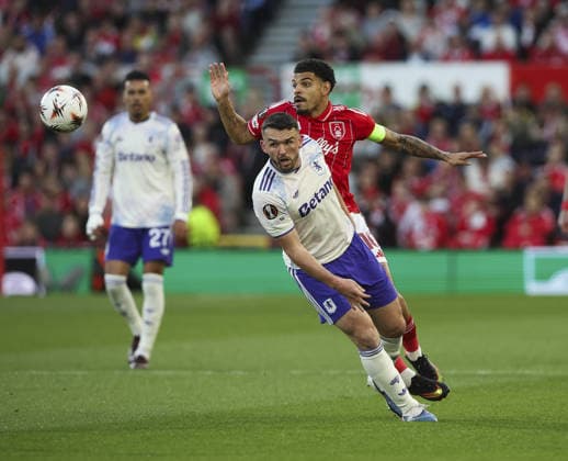 Nottingham Forest v Aston Villa, UEFA Europa League, Semi Final 1st leg 30.04.26 Nottingham Forest v Aston Villa, UEFA Europa League, Semi Final 1st leg Bradley Ormesher The Times Morgan Gibbs-White of Nottingham Forest and John McGinn of Aston Villa  Copyright: xBradleyxOrmesherx NINTCHDBPICT001077336827